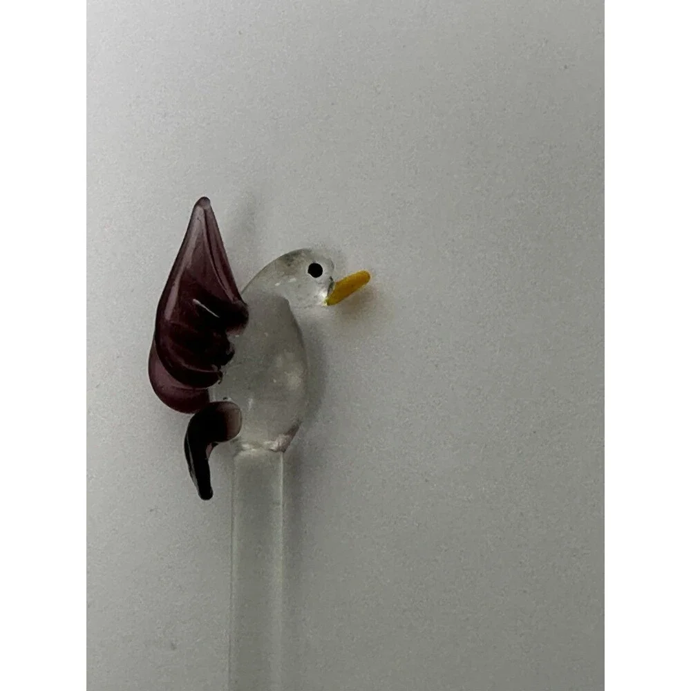 4 Vtg MCM Hand Blown Art Glass Bird Swizzle Stir Sticks Blue Green Yellow Purple